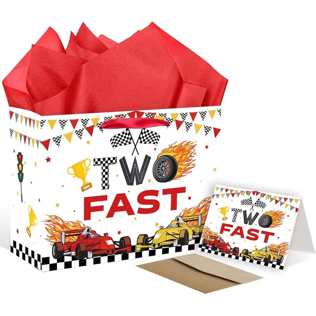 Conjunto de Sacolas de Presente Carro de Corrida SolarGlory - Decoração de Aniversário "Two Fast" com Cartão e Papel de