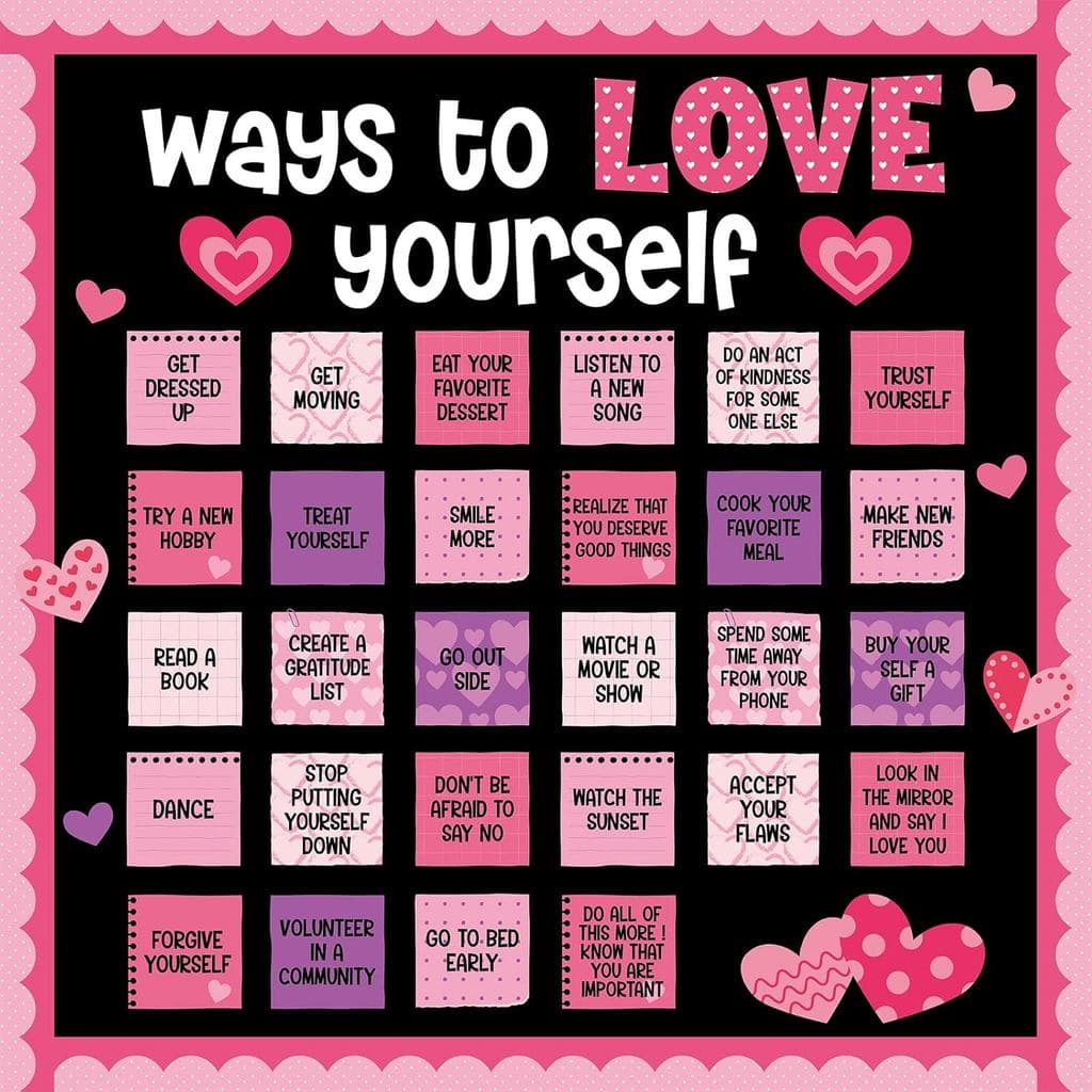Decoração de Quadro de Avisos para o Dia dos Namorados, Recortes de "Como Amar a Si Mesmo", Recortes de "Amor Rosa" para