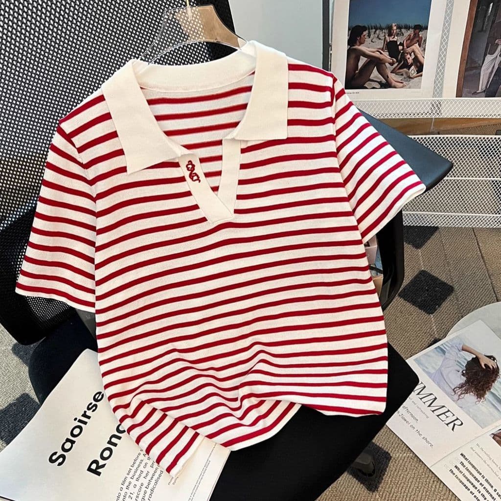 Solto mais magro olhar lapela listrado de manga curta camiseta feminina verão bordado contraste cor gelo seda topo na mo