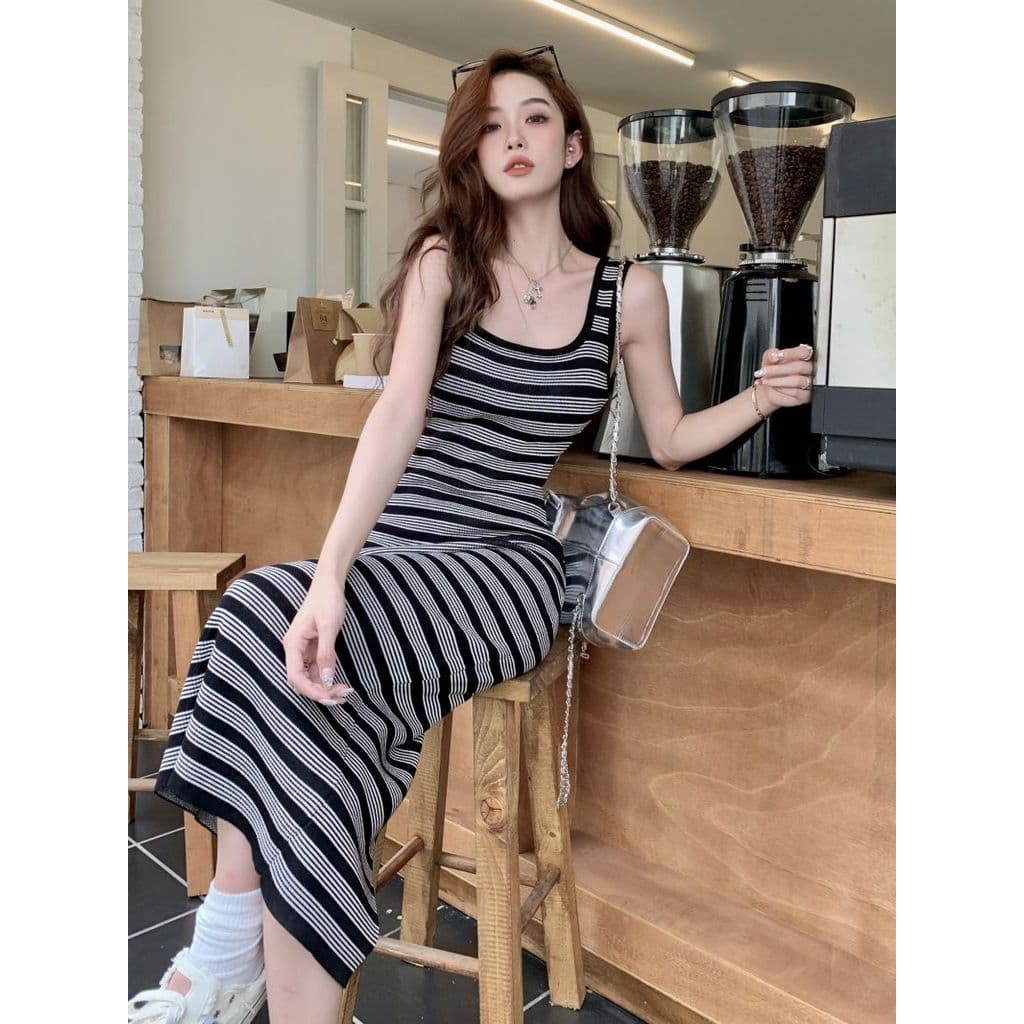 Americano Retro nicho contraste cor listrado colete vestido feminino verão fino-ajuste mais magro olhar longo sem mangas