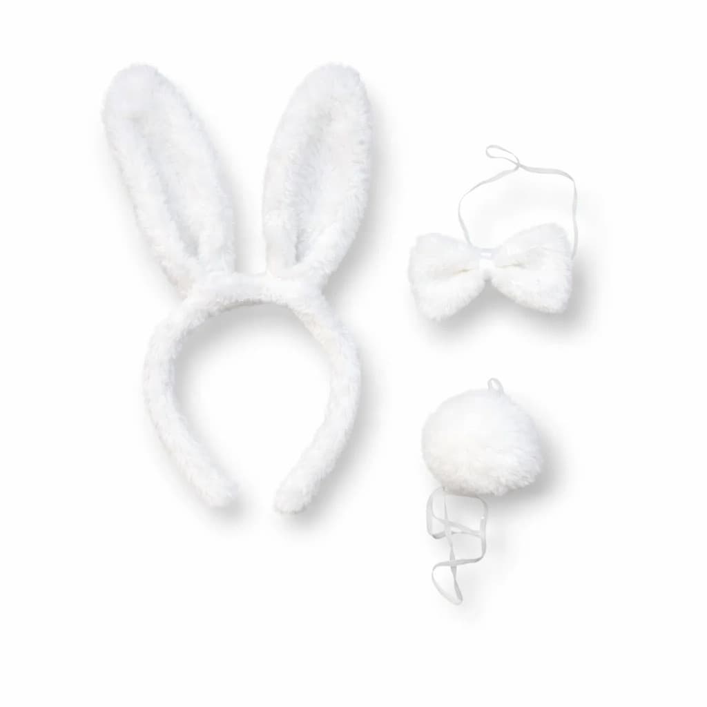 Kit Fantasia Coelha Branco com Tiara Gravata e Rabo de Pelúcia para Páscoa e Festas