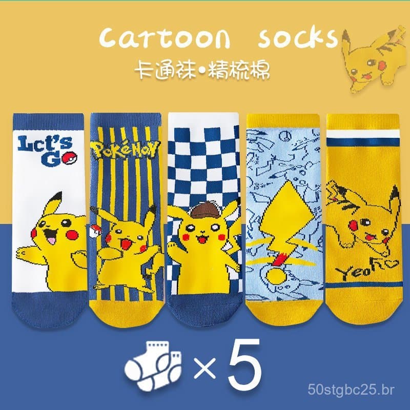 Meias infantis para primavera e outono, meias de algodão puro de cano médio, meias do Pikachu para meninos, meias de alg