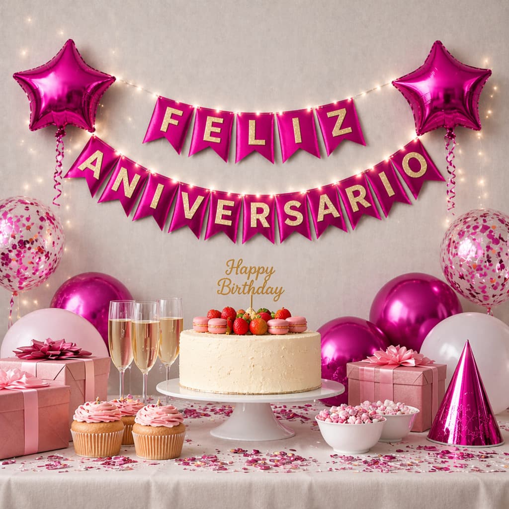 Kit Faixa Feliz Aniversário + 2 Balões Estrela + 2 Fios de Fada 2m Luz Branca – Decoração Completa