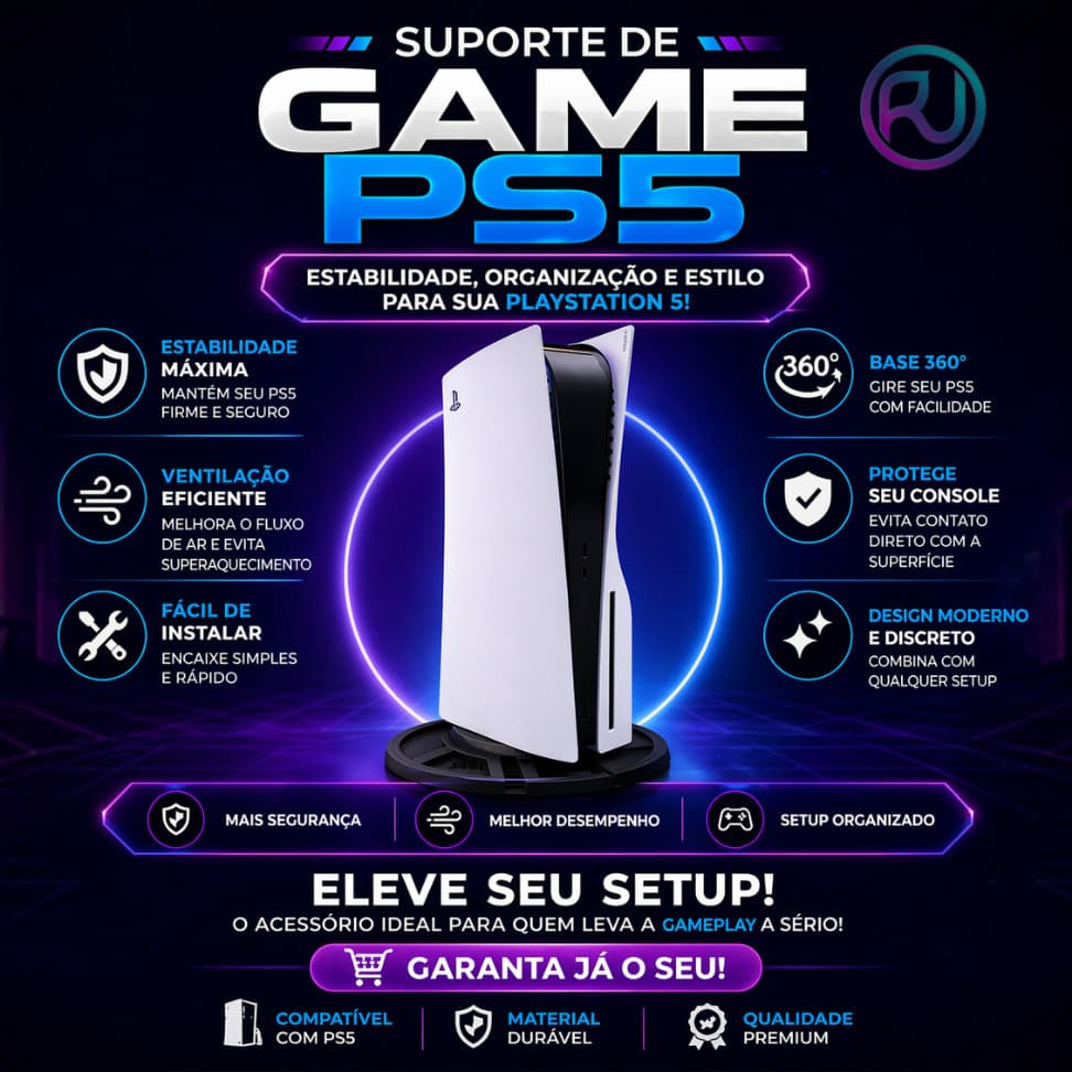 Base Suporte Vertical Mesa Para PS5 Playstation 5 Slim Fat Com Parafuso Pro Mesa Dock
