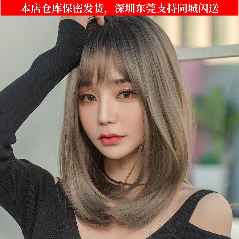Peruca feminina cabelo médio longo redução de idade temperamento pêra flor cabeça realista capa Natural estilo masculino