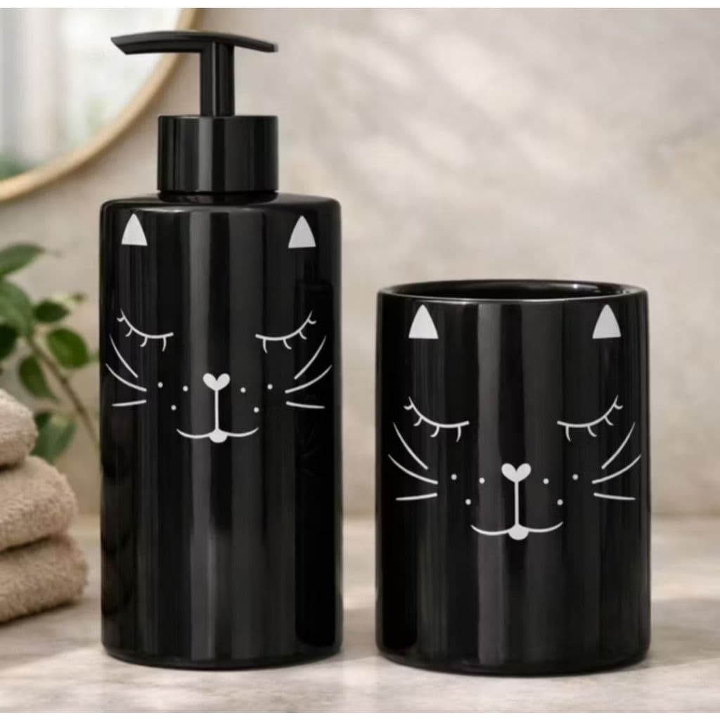 Conjunto para Banheiro em Cerâmica Branco ou Preto com Bandeja Linha Gatinho 2/ 3 Peças