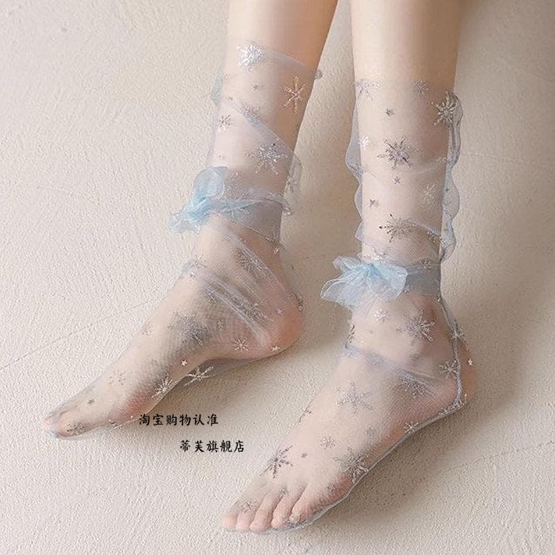 Meias de gaze francesa femininas verão Ultra-fino transparente meias de fadas Bowknot estrela japonês doce pilha meias