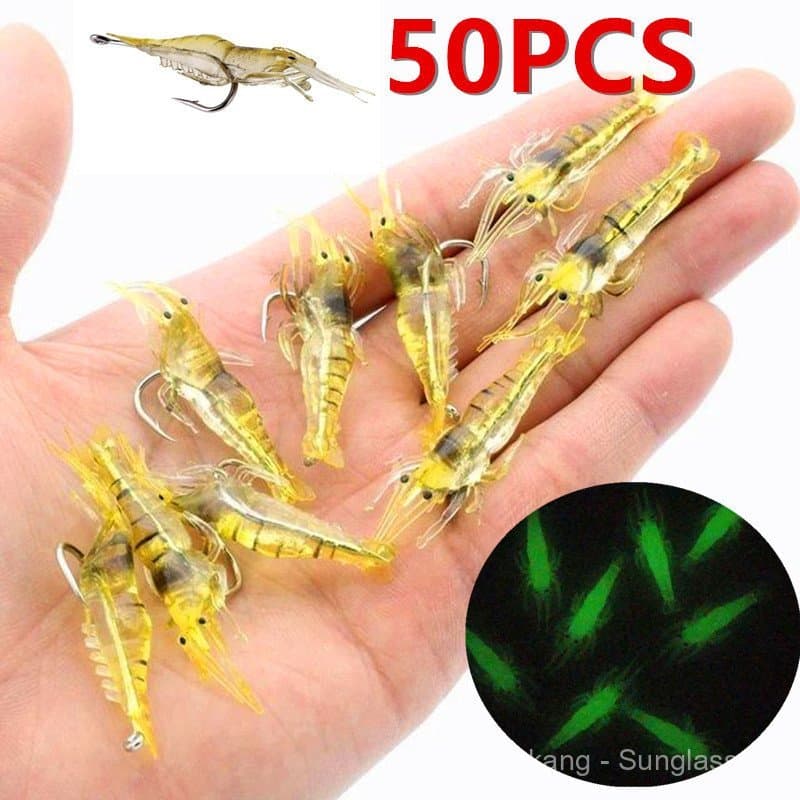 50 Iscas Artificiais de Camarão Macio de 4cm com Anzol