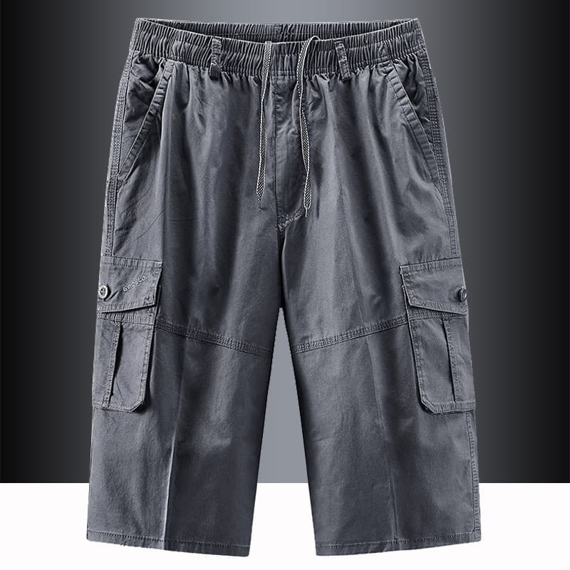 Shorts de algodão puro masculino verão fino Multi-bolso macacão calças cortadas de meia-idade idosos soltos calças de ta