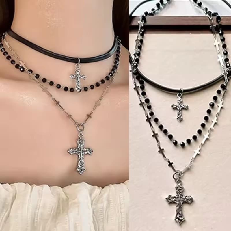 Corrente De Contas Com Pingente De Cruz Multicamadas Vintage , Colar Punk Gótico Diário Para Mulheres E Homens | Present