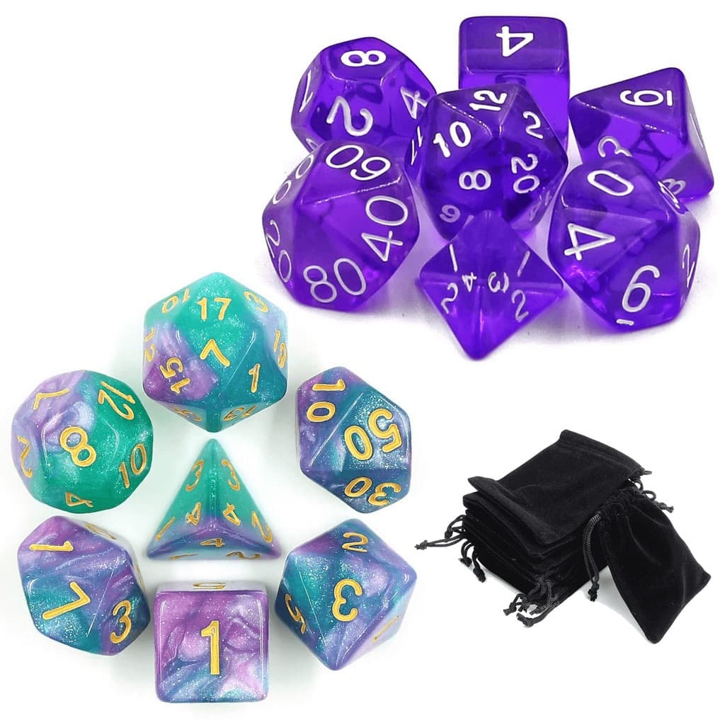 2 Conjuntos Dados Rpg Roxo Translúcidos E Galaxia C/7 Bolsa