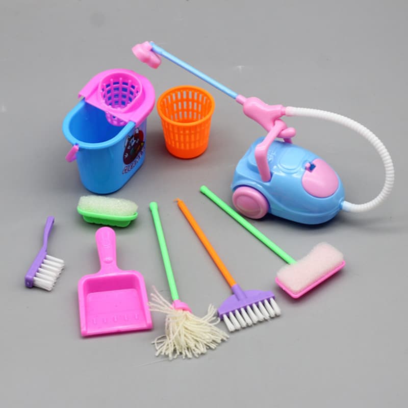 9 Pçs Em Miniatura Casa De Boneca Suprimentos Limpeza Mini Balde Mop Escova Vassoura Trabalho Doméstico Bonito Conjunto