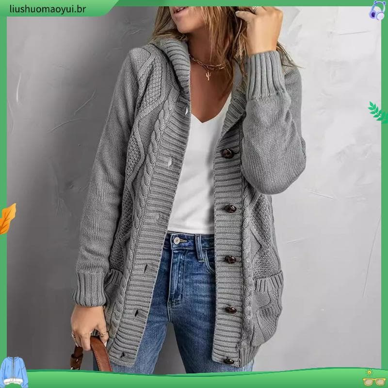 Sobretudo Plus Size Casaco de Lã Feminino  Plus Size com Botão Tricot Casaco Tamanho Grande