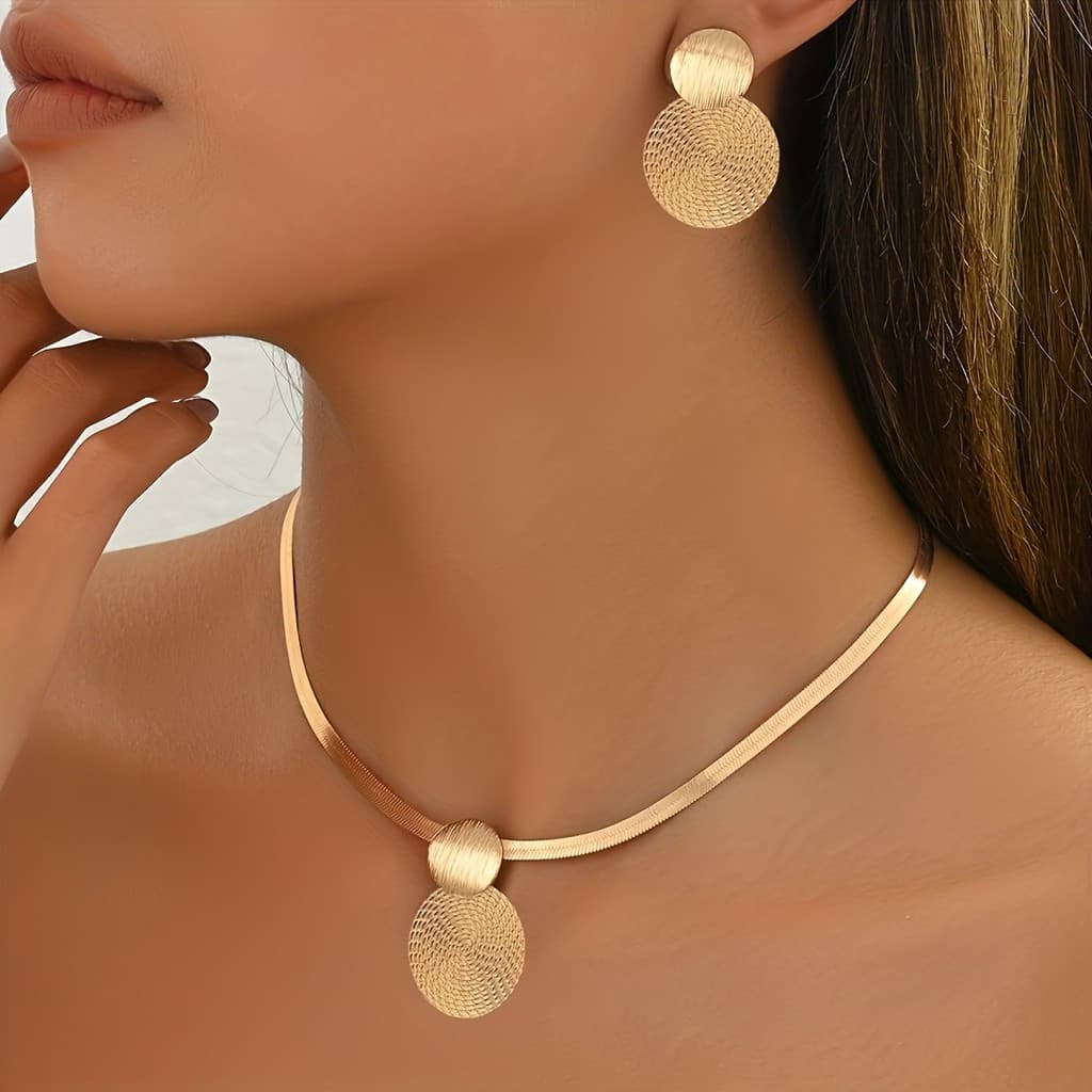 Elegante feminino ouro dupla camada colar e brincos conjunto de duas peças-Design de pingente espiral geométrico