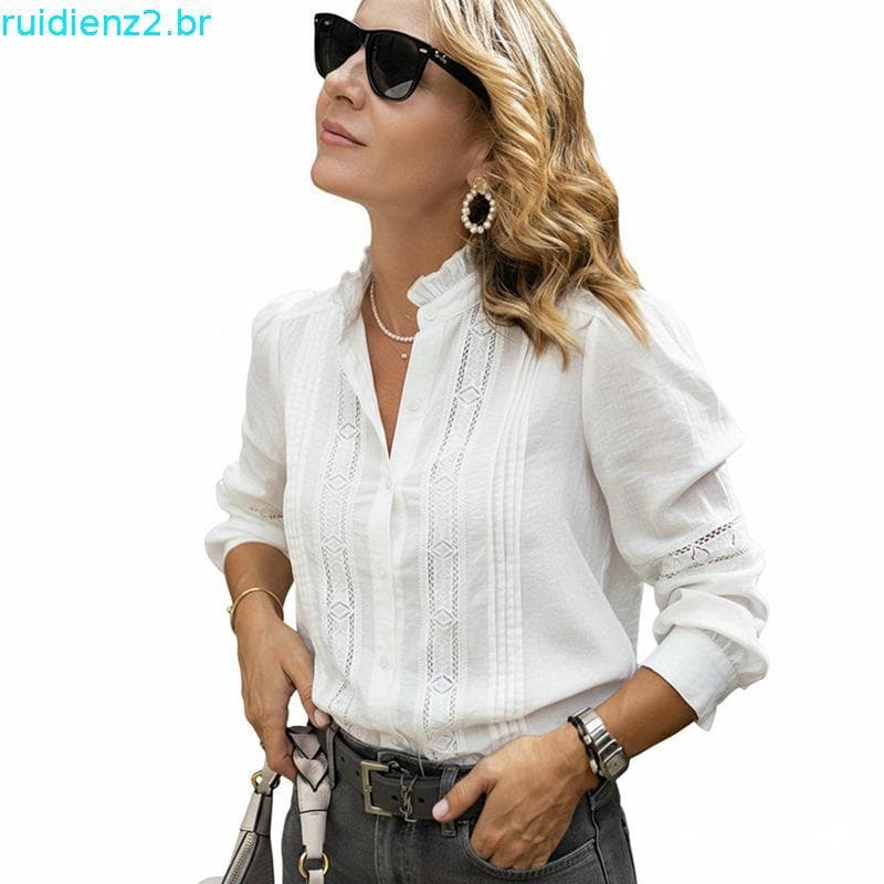 Nova Csa Branca de Manga Longa com Gola Alta e Detalhes em Renda, Estilo Artístico para Primavera e Outono, para Mulh