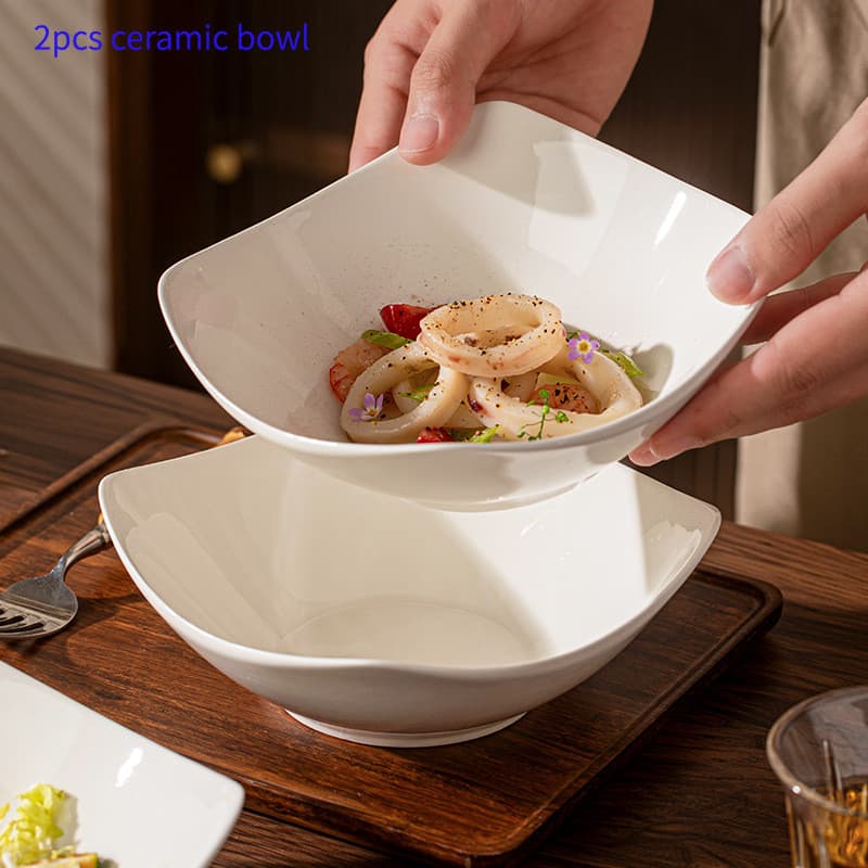 Kit 2 Peças Tigela Quadrada Cerâmica Com Borda Elevada, recipiente de salada, seguro para micro‑ondas e lava‑louça