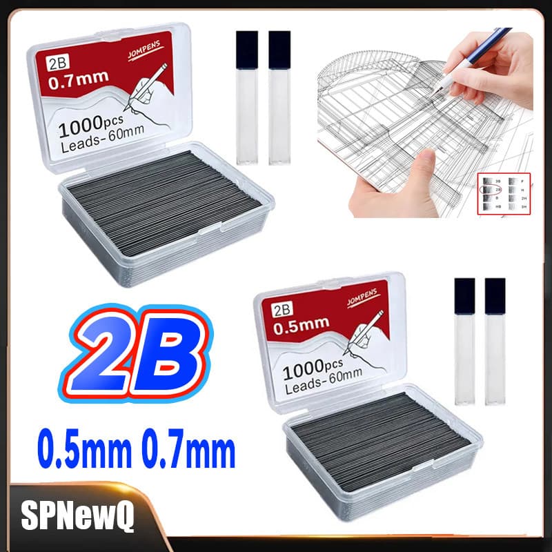 Refis de Lápis Automático 2B 0,5/0,7mm com 1000 Unidades Grafite Suave Apagável para Estudantes e Desenho