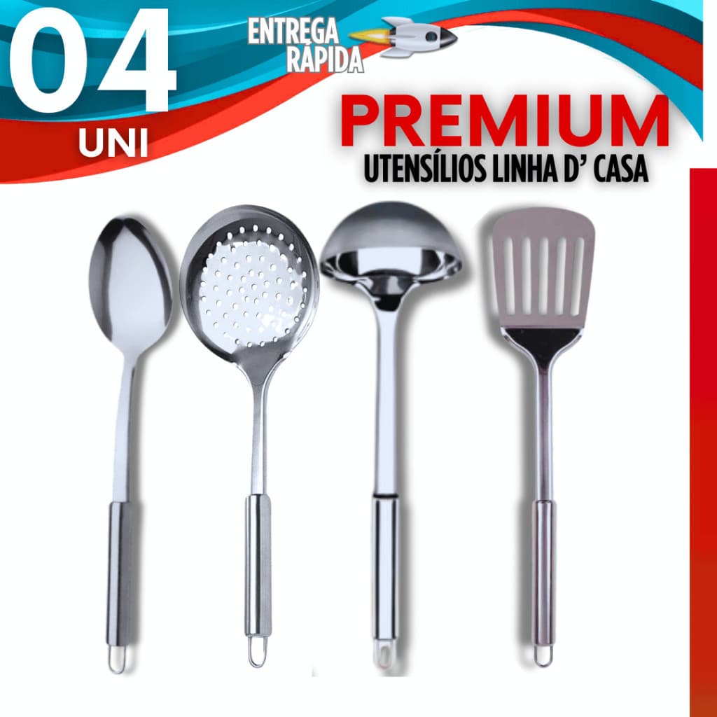 Jogo Kit Utensílios de Cozinha 4/2 Unidades Colher de Arroz + Escumadeira + Concha + Espátula Vazada Aço Inox Linha Top