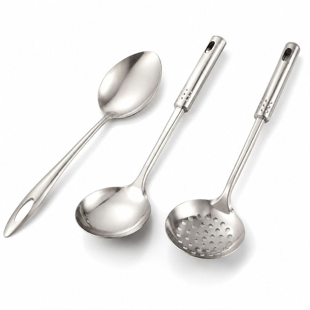 Kit Jogo de Talher Utensílios de Cozinha 3 Peças em Inox Colher Escumadeira Concha Servir Fritar Alimentos Sopas Arroz