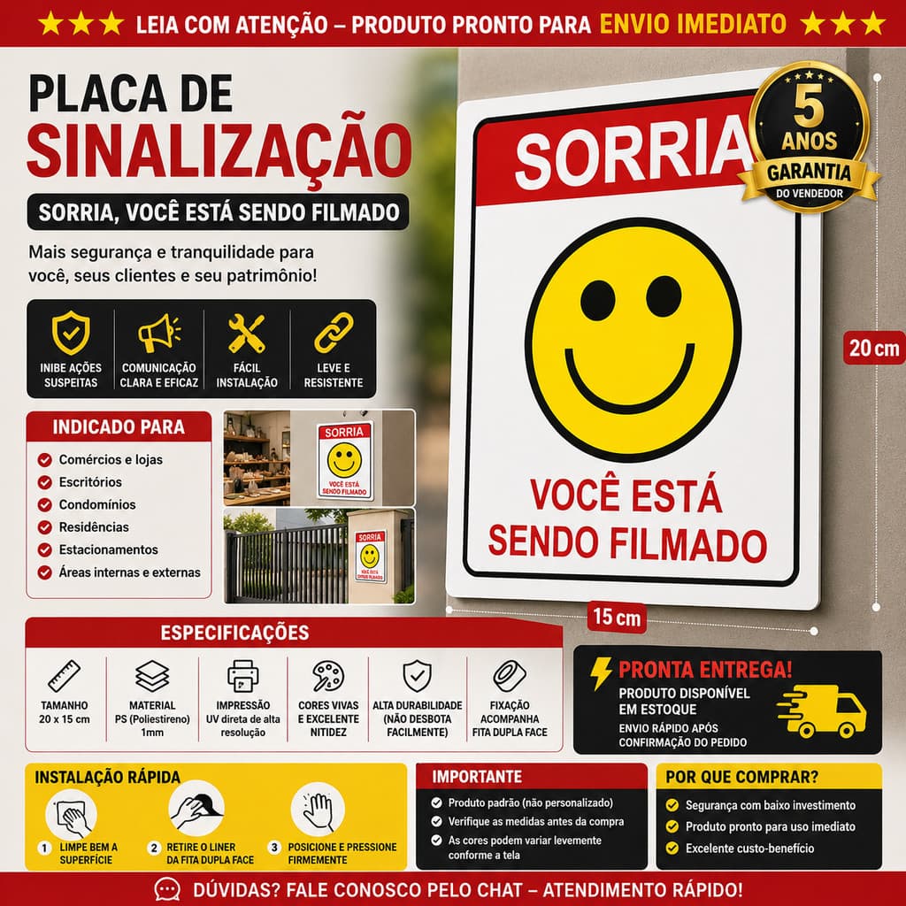 02 Placas Segurança Câmeras Sorria Você Está Sendo Filmado PS 1mm 20x15cm Impressão UV