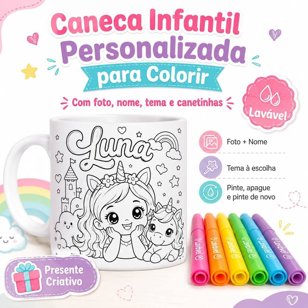 Kit Caneca Infantil para Colorir Personalizada Caricatura + Canetinhas | Presente Criativo Educativo