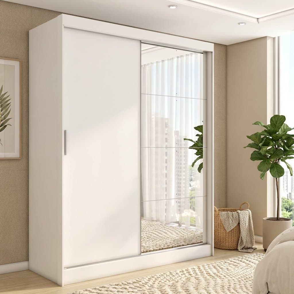 Guarda-roupa Casal com Espelho 2 Portas de Correr e 4 Gavetas 100% MDF London Branco/Amendola