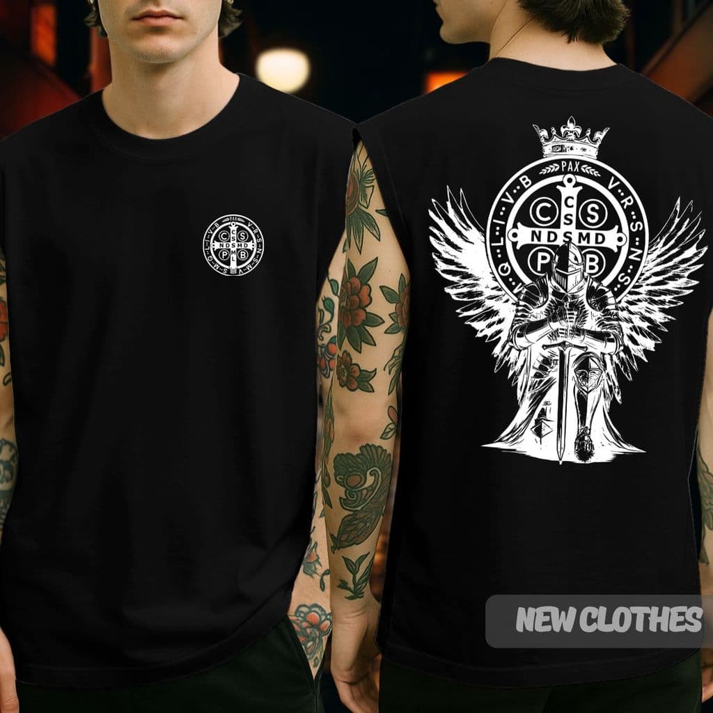 Camiseta Regata Oversized São Bento Cristã Proteção A Cruz Sagrada Seja Minha Luz Religiosa
