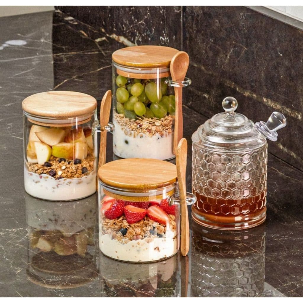Pote Com Tampa E Colher Bambu ecológico Hermético vidro Borossilicato Redondo 440 ML cozinha marmita