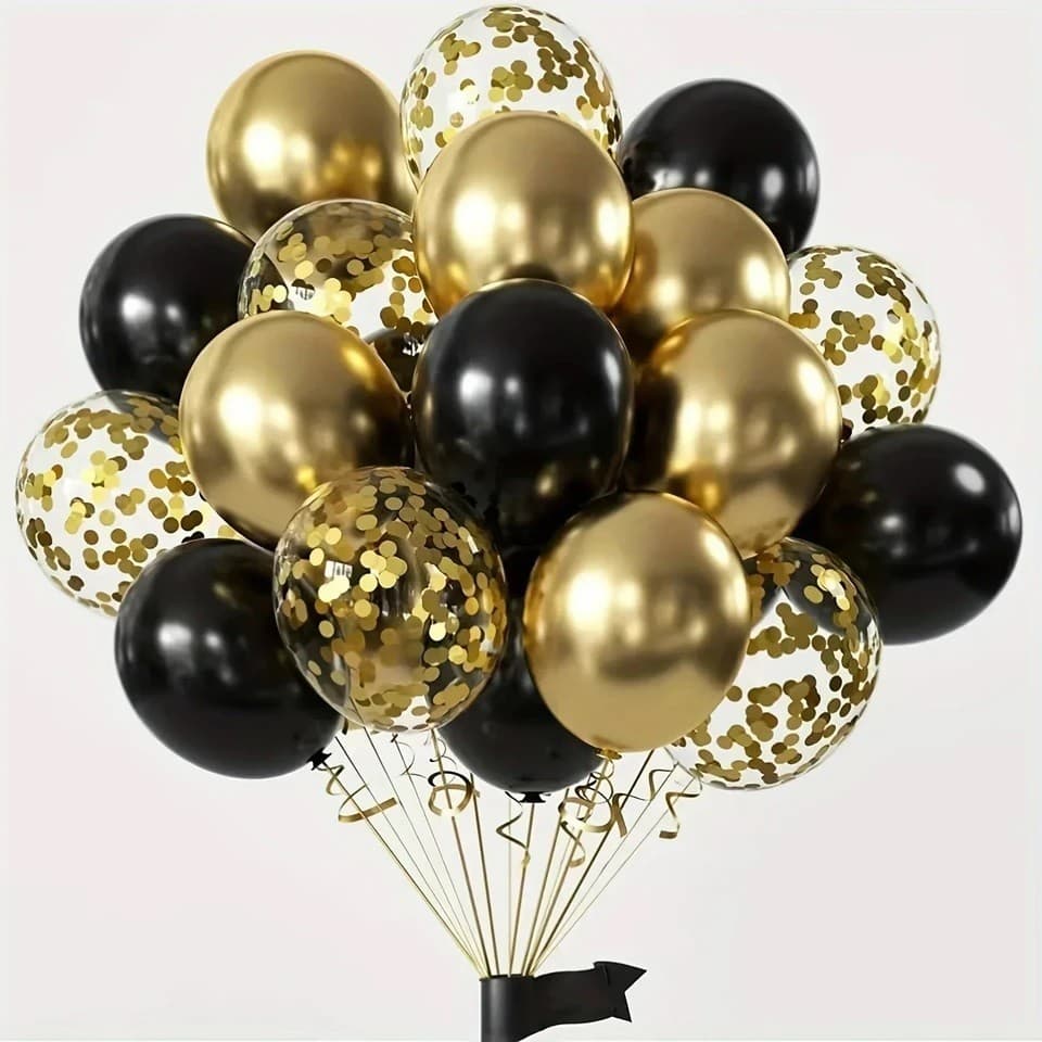 kit 15 Balão Bexiga Metalizada Preto Dourado Confete Arranjo Decoração Festa Aniversário Formatura