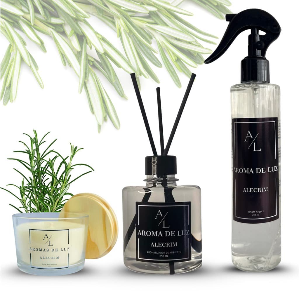 Kit Home Spray Alecrim + Difusor 250ml + Vela Aromática 100g