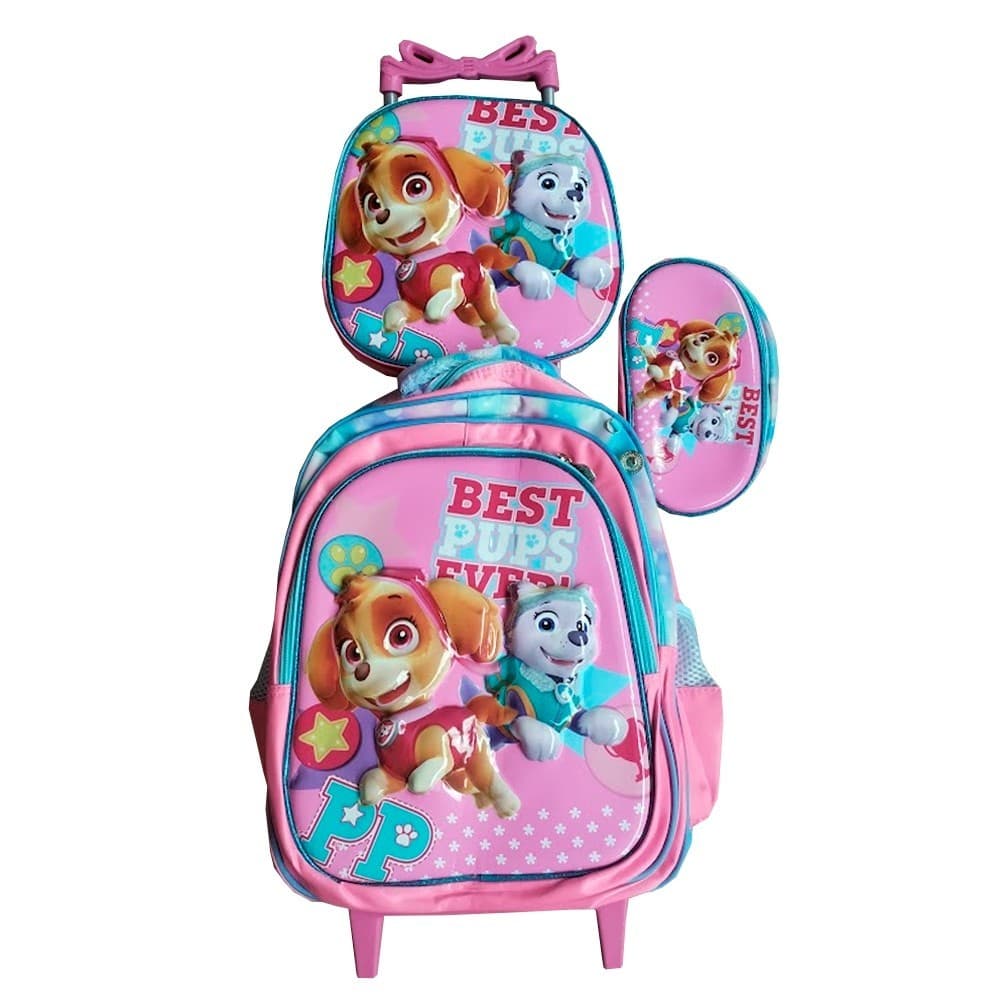 Kit Mochila Patrulha Canina Skye Feminina com Rodinhas + Lancheira Térmica + Estojo Escolar em 3D