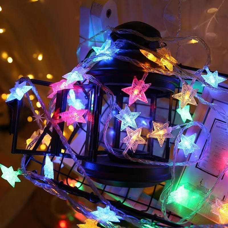 Cordão de luzes LED em formato de estrela colorida, com fio transparente, 20 luzes, 3 metros