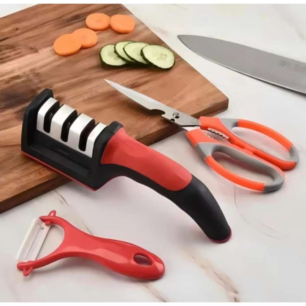 KIT 3 EM 1 COM DESCASCADOR AFIADOR DE FACAS E TESOURA Moderno Luxo Resistente Cozinha - Lion Shop
