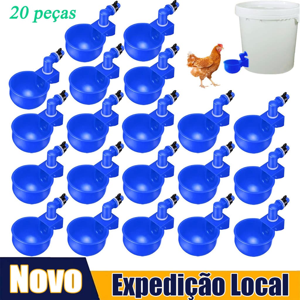 20 peças Conjunto automático de copo para beber frango, fonte para beber pássaros, pato, frango, plástico azul
