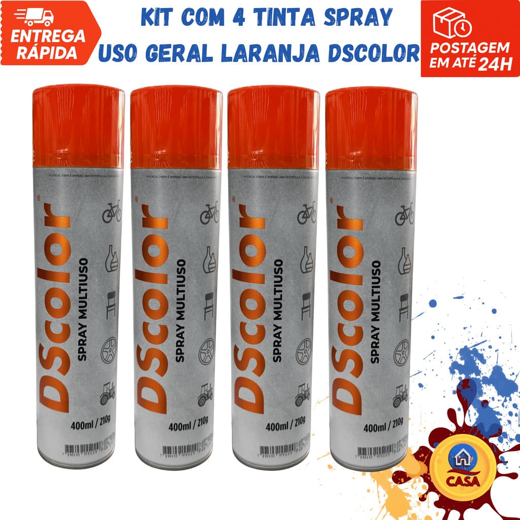 Tinta Spray Uso Geral Laranja DSColor  - Kit com 4 unidades