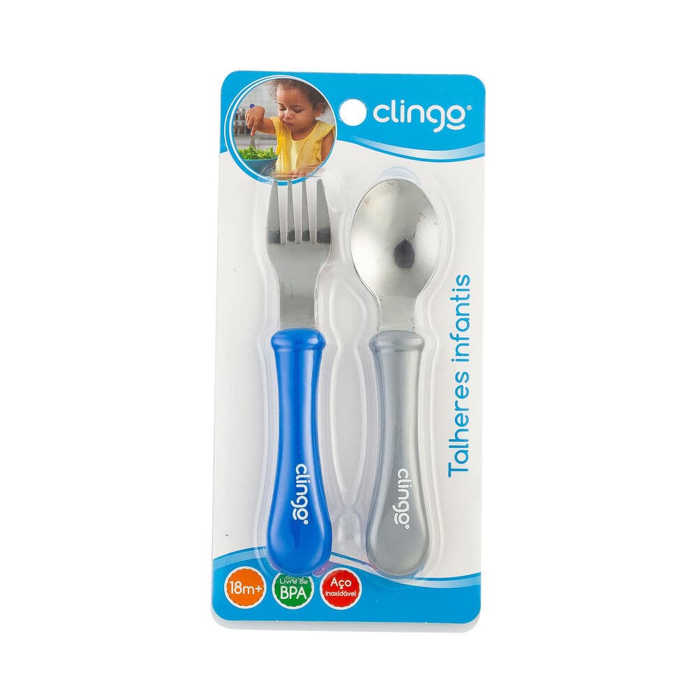 Kit Garfo e Colher Infantil Clingo – Aço Inox, Seguro e Anatômico para Bebês