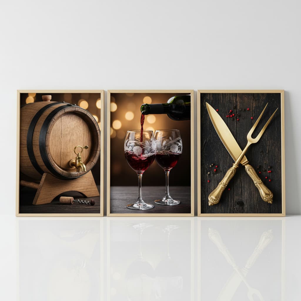KIT Quadro decorativo Vinicola Adega Vinho Barril Elegância Taça Talheres decoração cozinha sala