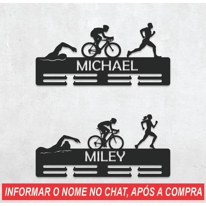 Porta Medalhas Personalizado com Nome Corrida Ciclismo Natação MDF 2,5MM Preto