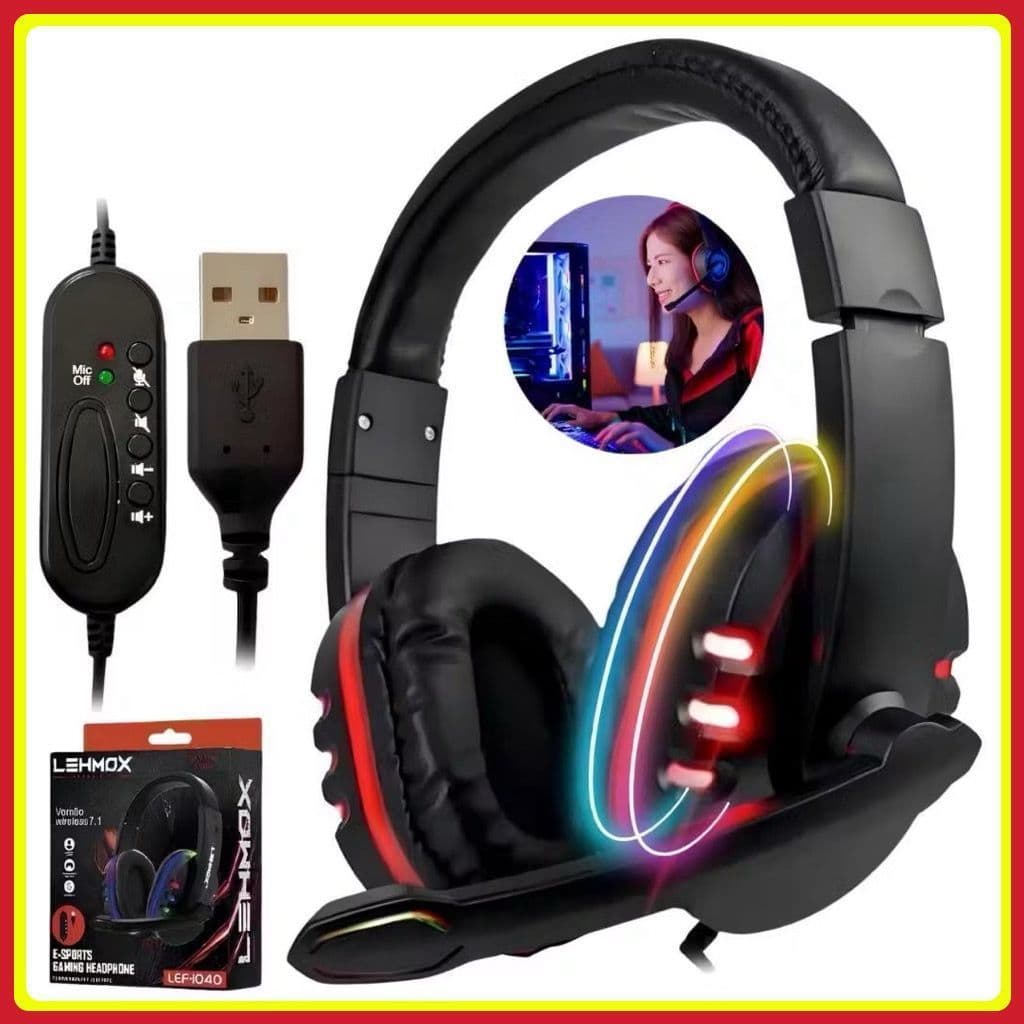 Fone de Ouvido Gamer Lehmox RGB com Microfone e Controle de Volume - Headset Para Games e Streaming