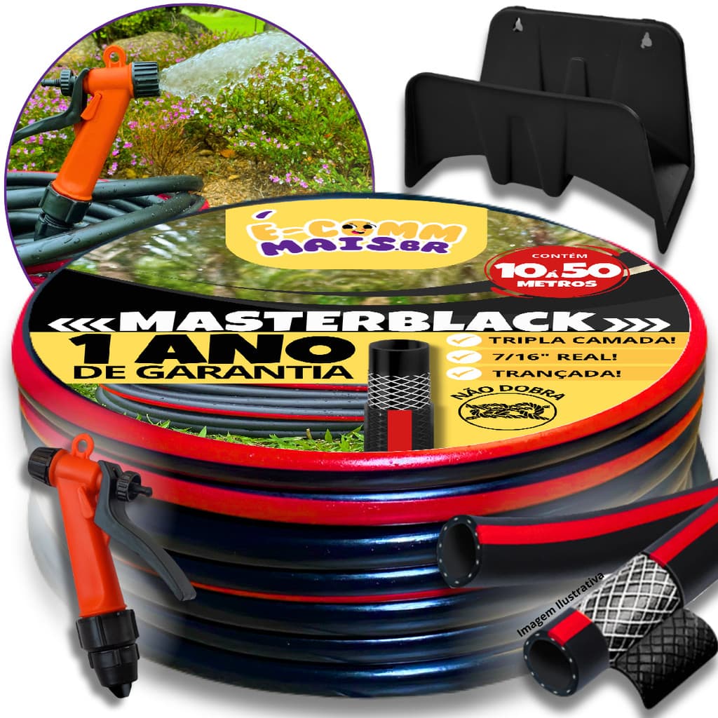 KIT COMPLETO MANGUEIRA DE JARDIM COM SUPORTE PRETA 7/16  Trançada Acompanha Gatilho e União
