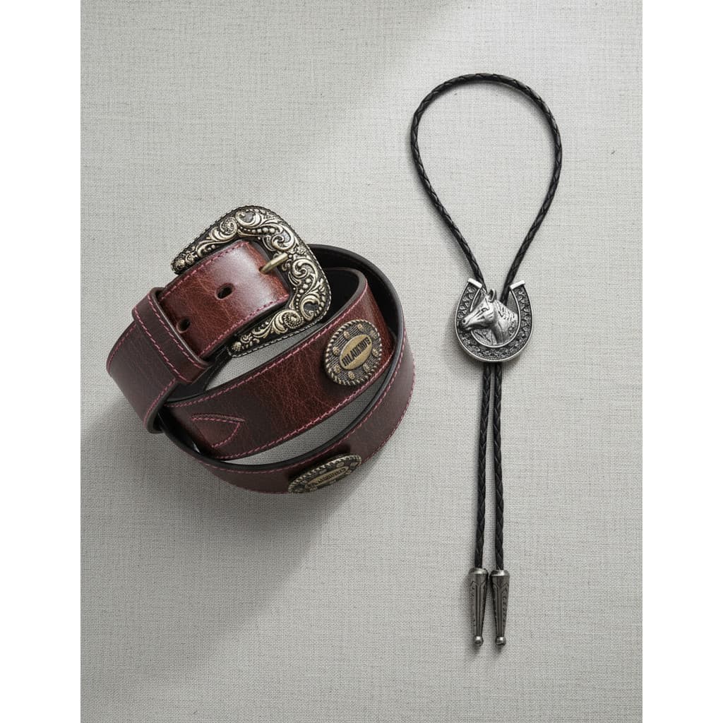 Kit Cowboy: Colar Gravata Cavalo Cinto Couro Tabaco Rosa