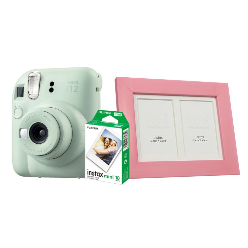 Kit Instax Mini 12 Verde Menta + 10 FT + 5 Porta Retrato Rosa