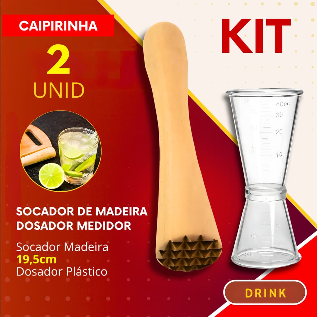 Kit Socador de Caipirinha de Madeira e Dosador Medidor Macerador Drinks Coqueteis Bebidas Bar
