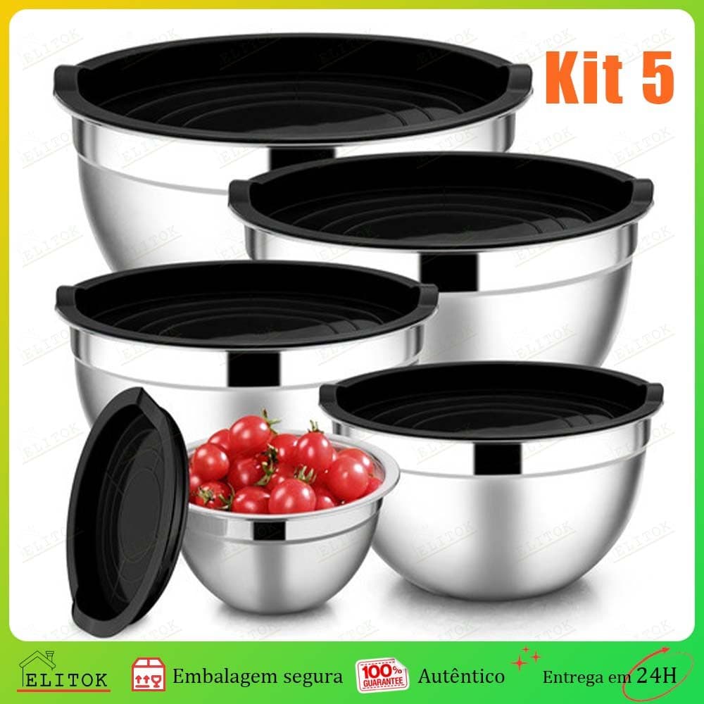Tigela Aço Inox Bowl Kit 5 Funda Multiuso Redonda Saladeira Confeitaria Bowls Vasilha Com Tampa