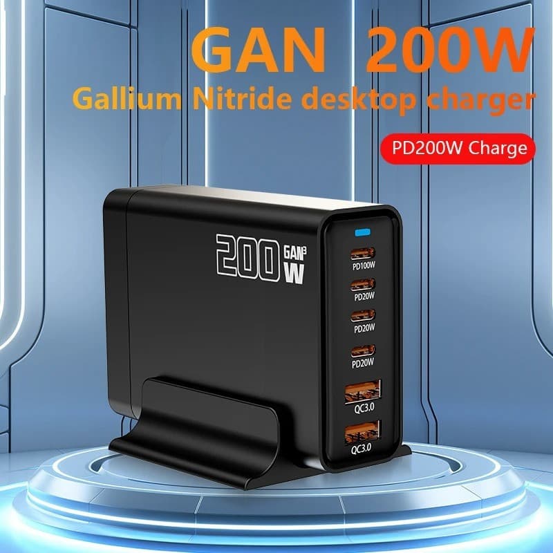 200W 6 Portas GaN USB Tipo-C Carregador De Mesa PD 100W Adaptador De Estação De Energia De Carregamento Rápido Para Tele