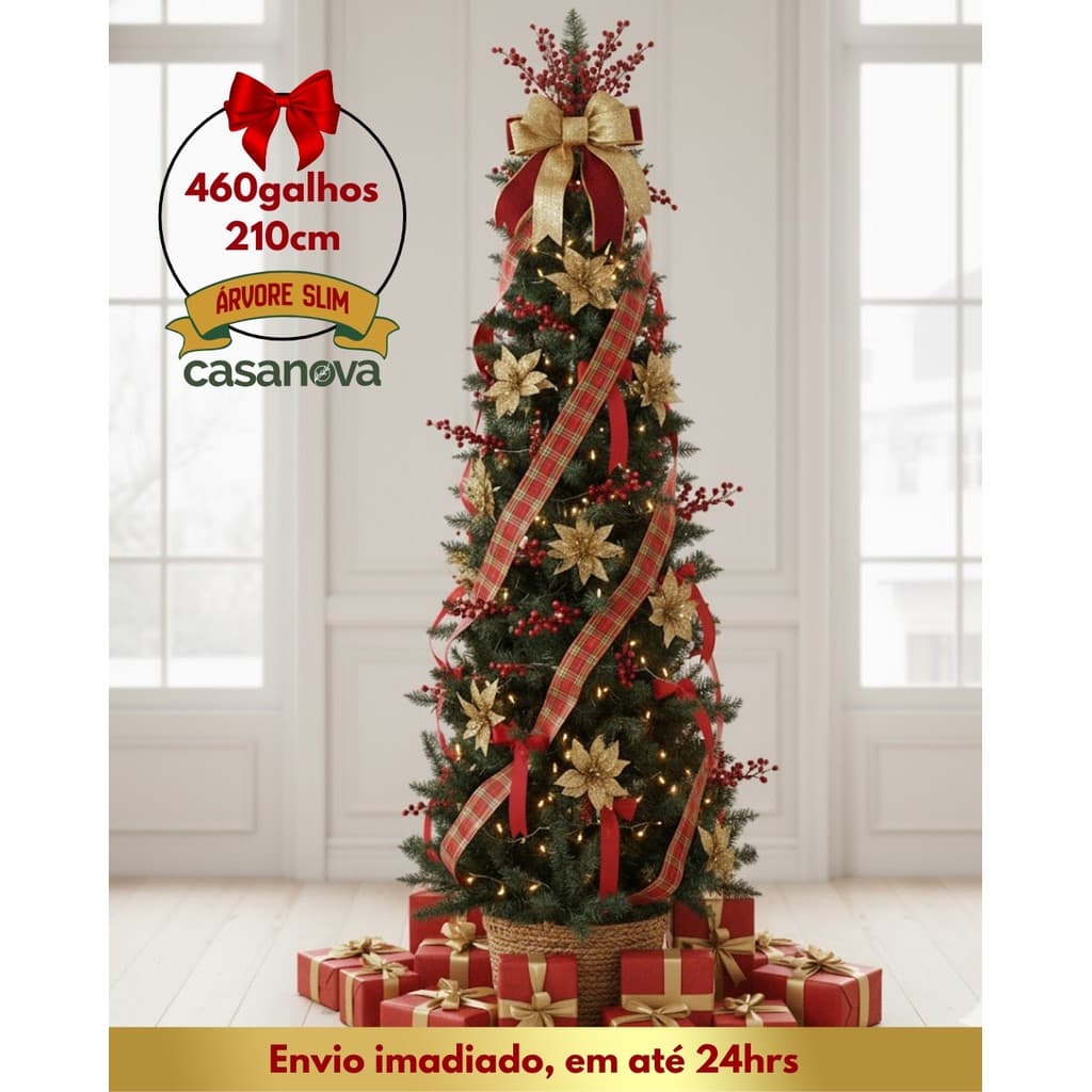 Árvore de Natal Cheia Slim Verde 2,10m com 460 Galhos Pé de Metal – Decoração Natal Luxo