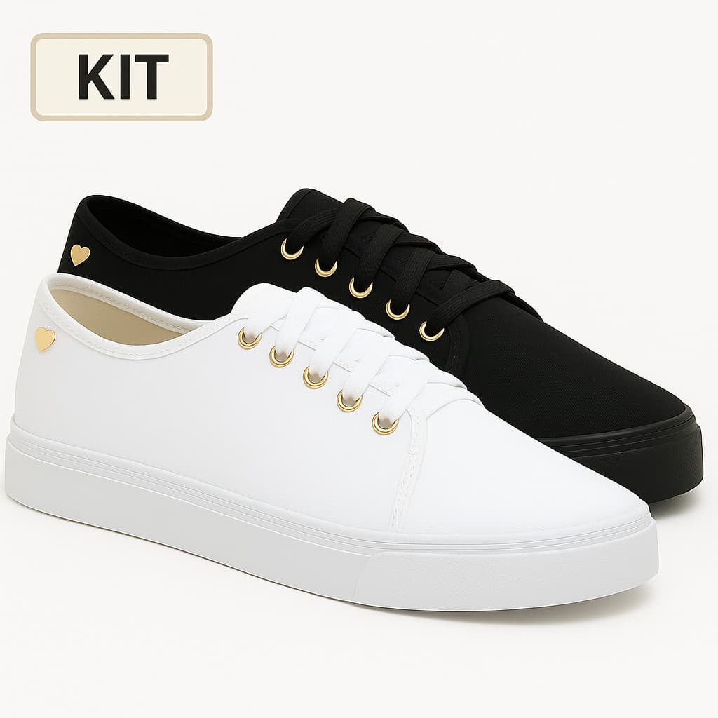 Kit 2 Tênis Feminino Ping Coração Casual Confortável Branco Preto Preto