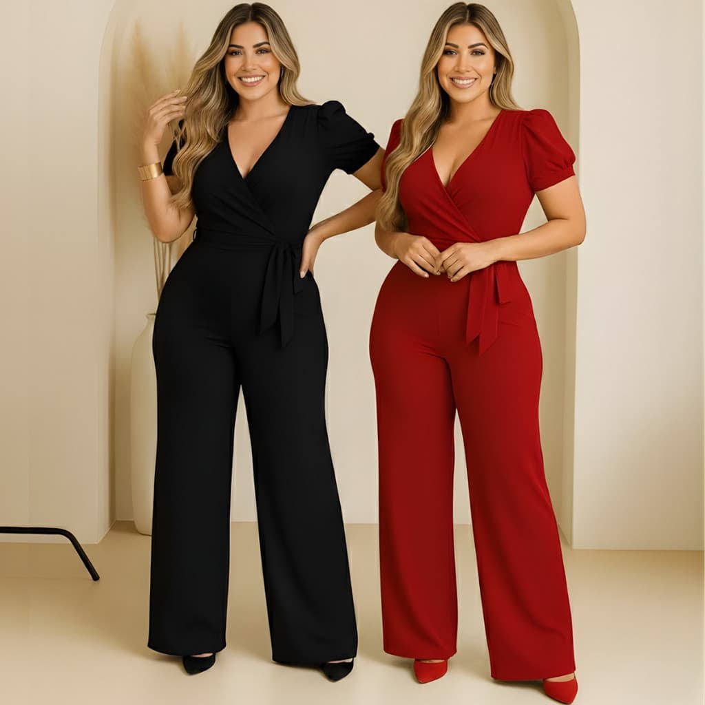Kit 2 Macacão Feminino Manga Curta Liso Canelado Decote em V Elastano Calça Pantalona Moda Feminina Casual Moderna