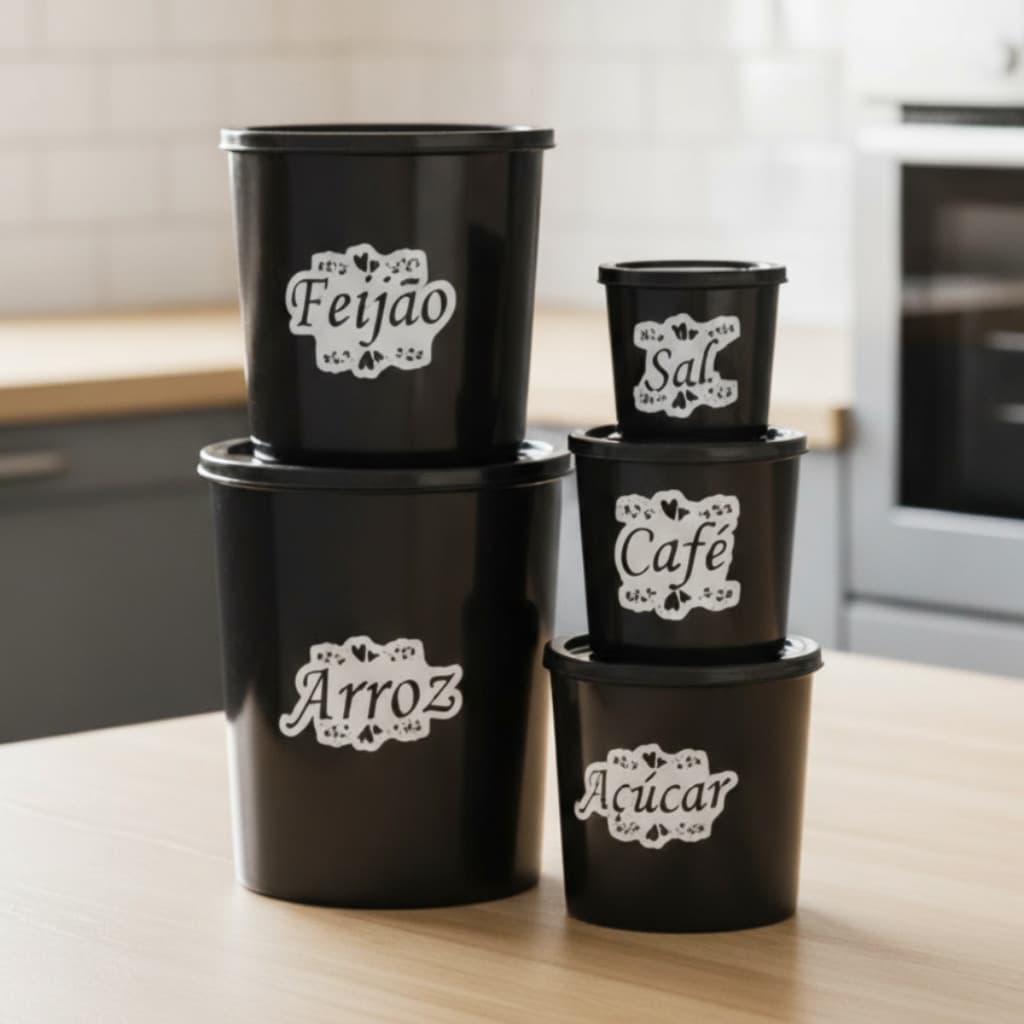 Kit Jogo 5 peças Mantimentos Redondo de plástico Decorado Frases Armazenamento de alimentos Casa