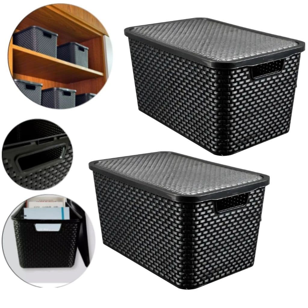 Kit 2 Caixas Organizadoraa Rattan 7 Litros Preta Com Tampa Arqplast Luxo